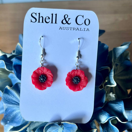 Red Poppy Flower Dangle Earrings