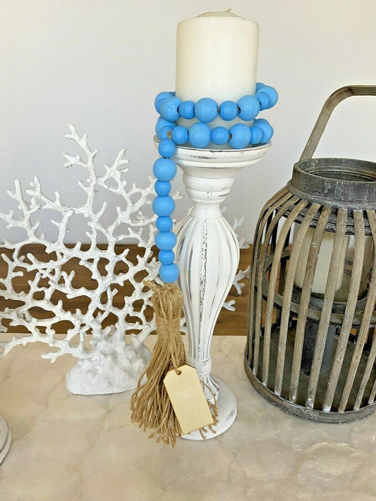 Blue Coastal Farmhouse Hand Painted Wooden Bead Garland With Tassel and Tag