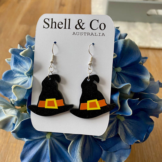 Black Glitter Witches Hat Acrylic Charm Earrings