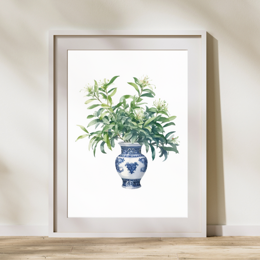 Plant with flowers in Blue and White Vase Wall Art Print