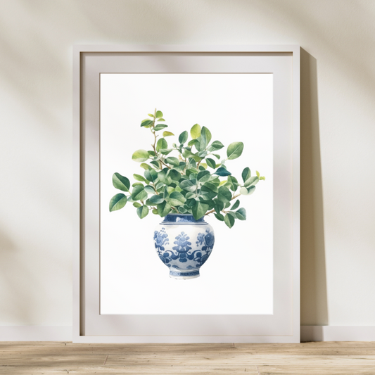 Plant in Blue and White Vase Wall Art Print