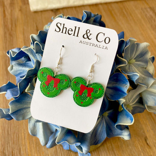 Green Acrylic Christmas Wreath Dangle Earrings