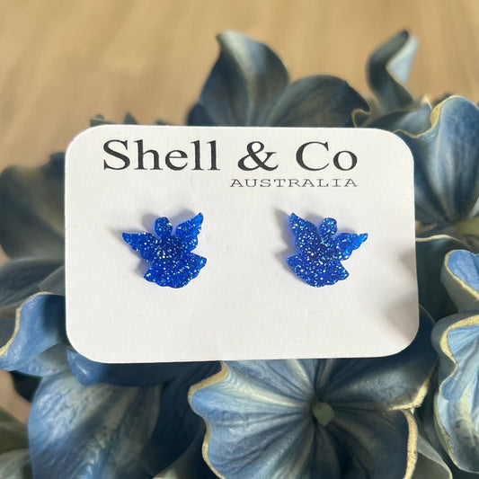 Small Blue Glitter Acrylic Angel Stud Earrings