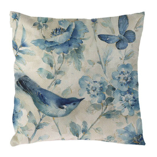 Classic Country Farmhouse Blue Bird and Floral Cushion Cover