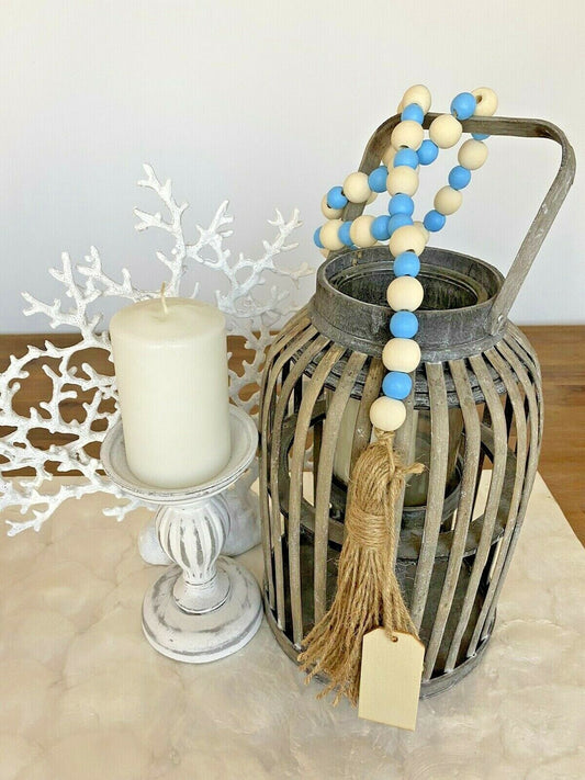 Hand Painted Blue and Natural Wooden Bead Garland with Tassel and Tag