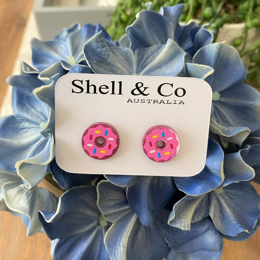 Pink Donut with Sprinkles Acrylic Glitter Stud Earrings
