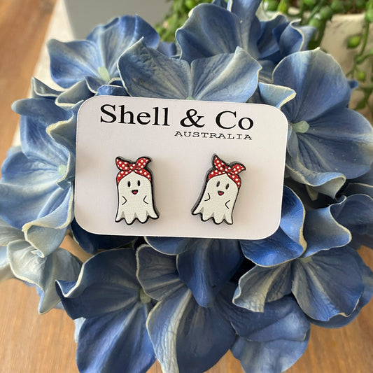 Ghost wearing Red and White Poke a Dot Banner Stud Earrings