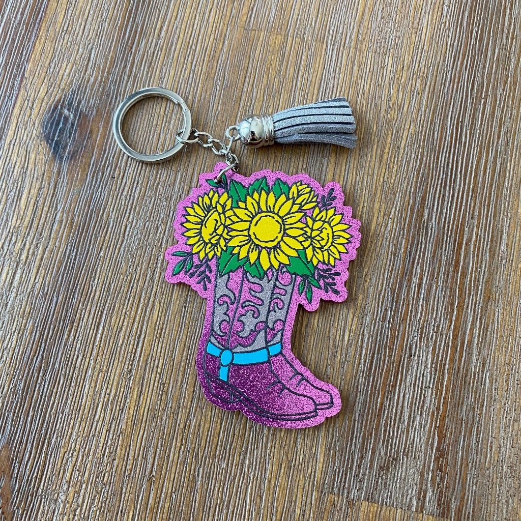Sunflowers in Cowboy boots Acrylic Keyring - Pink