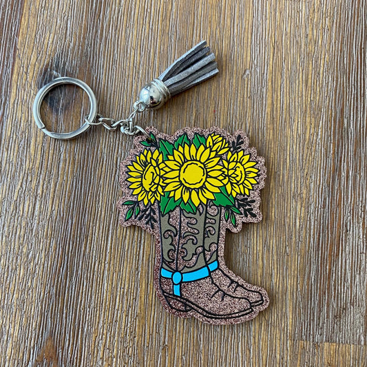 Sunflowers in Cowboy boots Acrylic Keyring - blue