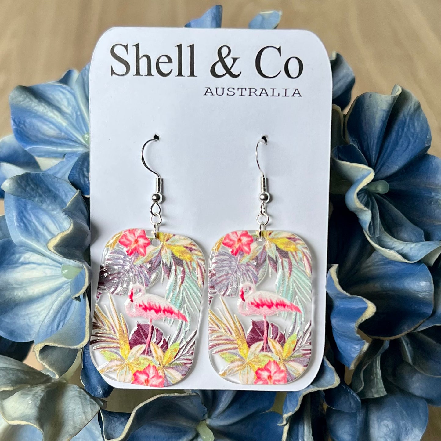 Tropical Plant with Pink Flamingo Earrings